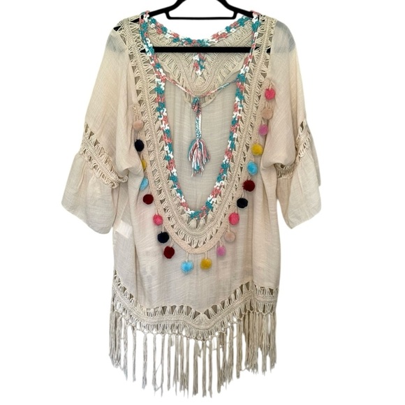 SHEIN Crochet Deep V-Back Tassel Cover Up  Swim Beach Lightweight Bohemian XL - Picture 3 of 9